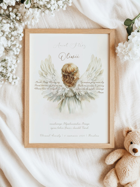 Personalizowany Plakat Pamiątka Chrztu Świętego dla dziewczynki – Anioł Stróż