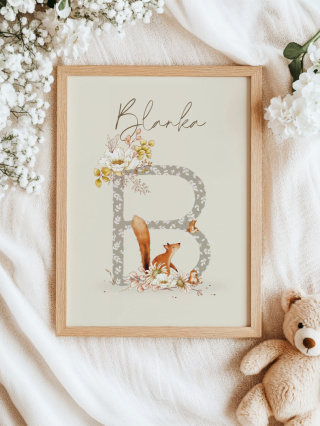 Zwierzątka w stylu Boho z literką B i imieniem dziecka