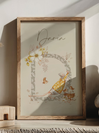Zwierzątka w stylu Boho z literką D i imieniem dziecka