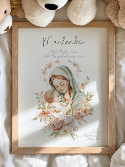 Pamiątka Chrztu lub prezent na narodziny dla dziewczynki – obrazek religijny Opieka Matki Bożej, personalizacja imieniem