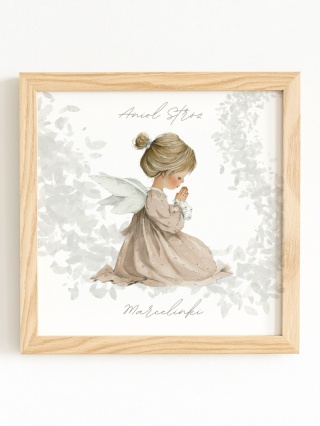 Anioł Stróż w kwadratowej drewnianej ramce dla dziewczynki