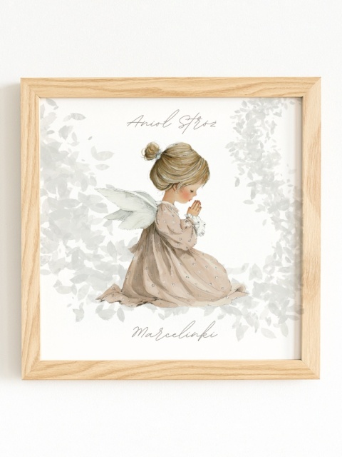 Anioł Stróż w kwadratowej drewnianej ramce dla dziewczynki
