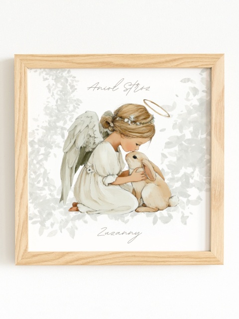 Anioł Stróż w kwadratowej drewnianej ramce dla dziewczynki