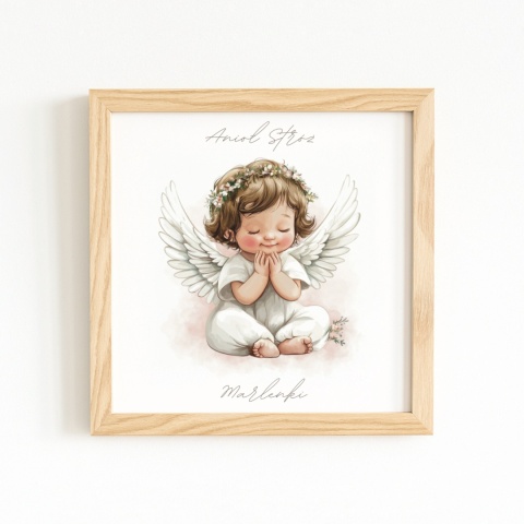 Anioł Stróż w kwadratowej drewnianej ramce dla dziewczynki