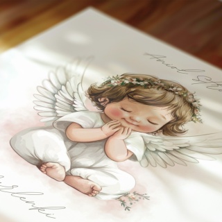 Anioł Stróż w kwadratowej drewnianej ramce dla dziewczynki