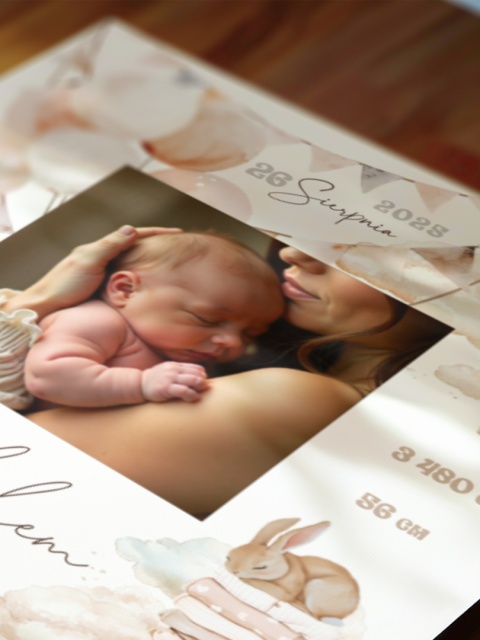 Metryczka urodzeniowa ze zdjęciem dziecka – personalizowana ilustracja w kwadratowej drewnianej ramce