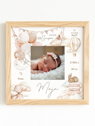 Metryczka urodzeniowa ze zdjęciem dziecka – personalizowana ilustracja w kwadratowej drewnianej ramce