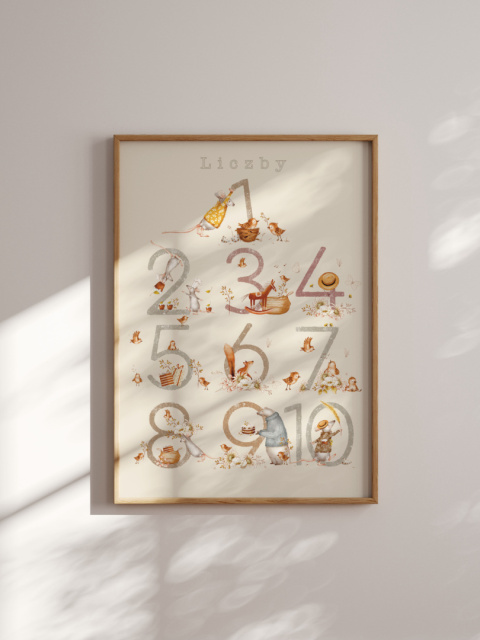 Liczby - Leśne zwierzątka, plakat edukacyjny w stylu Boho