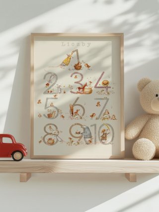 Liczby - Leśne zwierzątka, plakat edukacyjny w stylu Boho