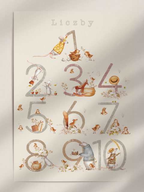 Liczby - Leśne zwierzątka, plakat edukacyjny w stylu Boho