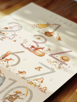Liczby - Leśne zwierzątka, plakat edukacyjny w stylu Boho