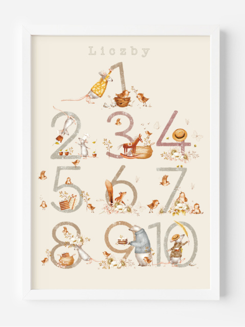 Liczby - Leśne zwierzątka, plakat edukacyjny w stylu Boho