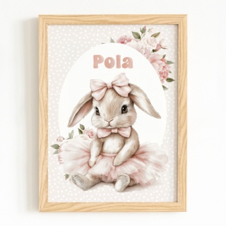 Plakat Króliczek Balerina z kokardkami i z imieniem, dekoracja do pokoju dziewczynki