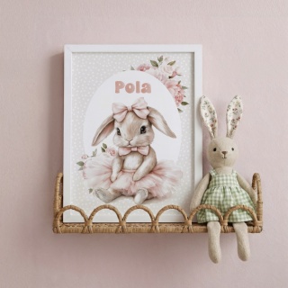Plakat Króliczek Balerina z kokardkami i z imieniem, dekoracja do pokoju dziewczynki