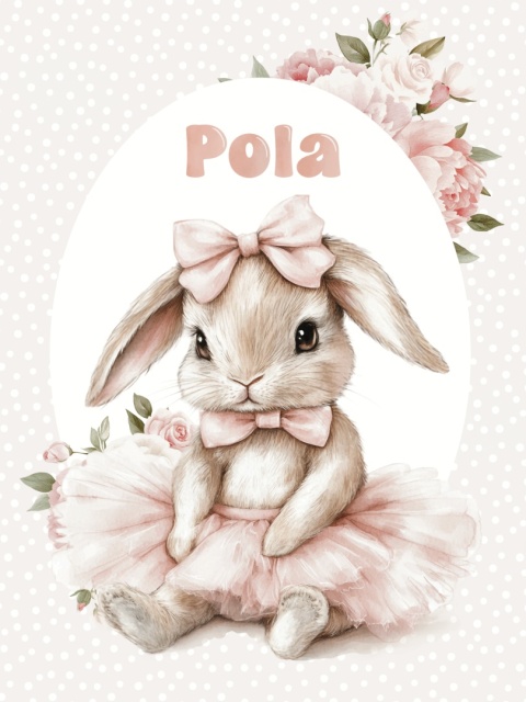 Plakat Króliczek Balerina z kokardkami i z imieniem, dekoracja do pokoju dziewczynki