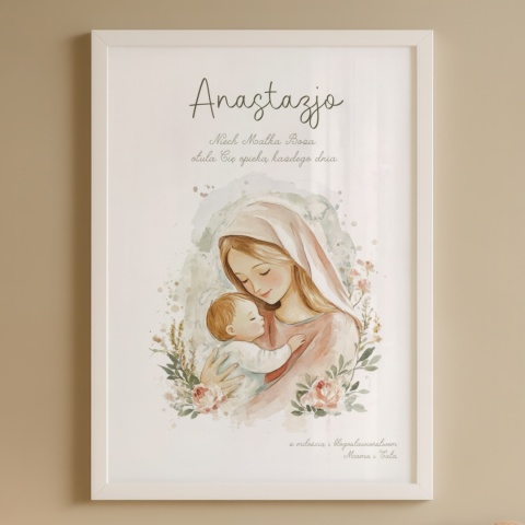 Pamiątka Chrztu lub prezent na narodziny dla chłopca lub dziewczynki, obrazek religijny Opieka Matki Bożej