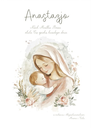 Pamiątka Chrztu lub prezent na narodziny dla chłopca lub dziewczynki, obrazek religijny Opieka Matki Bożej