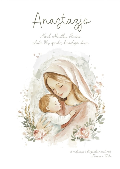 Pamiątka Chrztu lub prezent na narodziny dla chłopca lub dziewczynki, obrazek religijny Opieka Matki Bożej