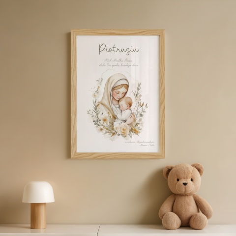 Pamiątka Chrztu lub prezent na narodziny dla chłopca lub dziewczynki, obrazek religijny Opieka Matki Bożej