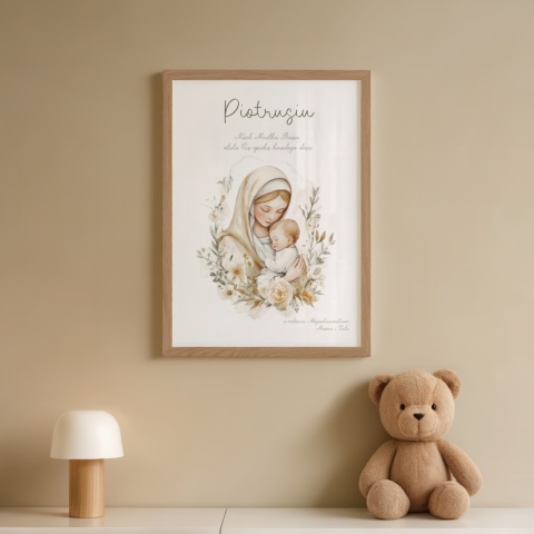 Pamiątka Chrztu lub prezent na narodziny dla chłopca lub dziewczynki, obrazek religijny Opieka Matki Bożej