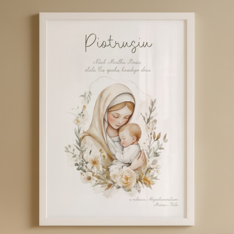 Pamiątka Chrztu lub prezent na narodziny dla chłopca lub dziewczynki, obrazek religijny Opieka Matki Bożej