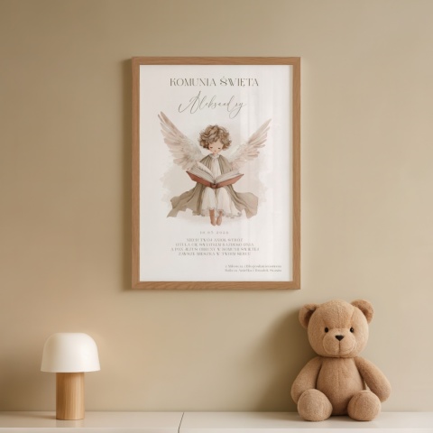 Pamiątka Pierwszej Komunii Świętej z imieniem – obrazek z Aniołem Stróżem w ramce (personalizowany prezent)