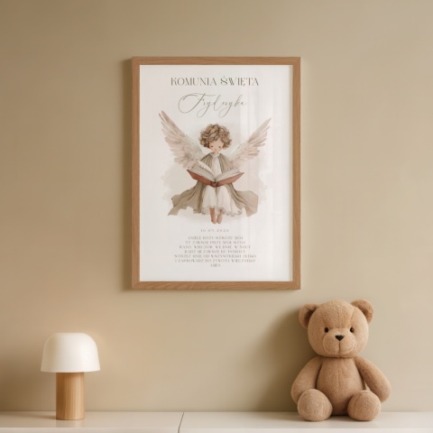 Pamiątka Pierwszej Komunii Świętej z modlitwą „Aniele Boży” – obrazek z Aniołem Stróżem w ramce (personalizowany)