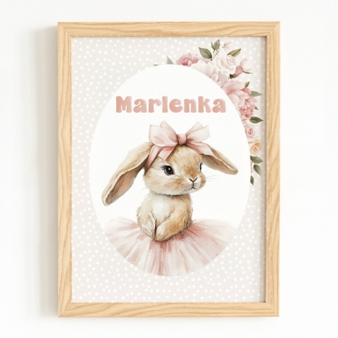 Plakat Króliczek Balerina z kokardą i z imieniem, dekoracja do pokoju dziewczynki