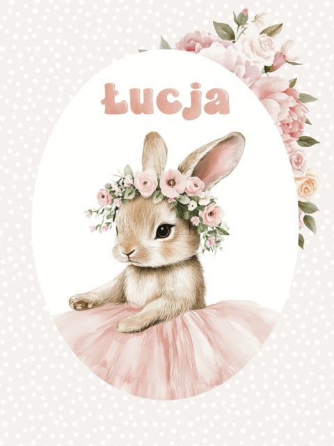 Plakat Króliczek Balerina z kwiatkami i z imieniem, dekoracja do pokoju dziewczynki