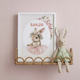 Plakat Króliczek Balerina z kwiatkami i z imieniem, dekoracja do pokoju dziewczynki