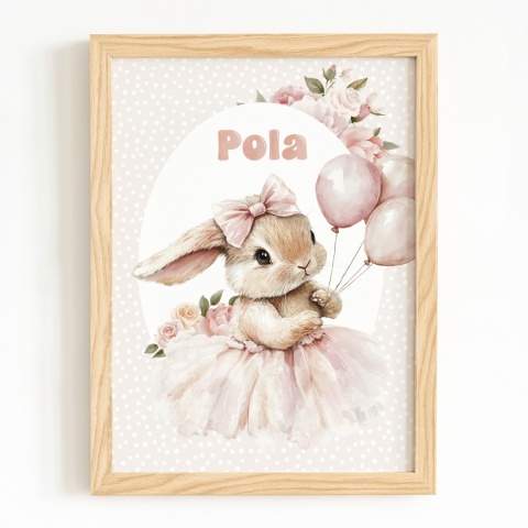 Plakat Króliczek Balerina z balonikami i z imieniem, dekoracja do pokoju dziewczynki