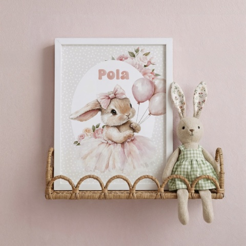 Plakat Króliczek Balerina z balonikami i z imieniem, dekoracja do pokoju dziewczynki