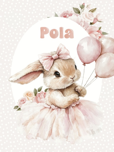 Plakat Króliczek Balerina z balonikami i z imieniem, dekoracja do pokoju dziewczynki