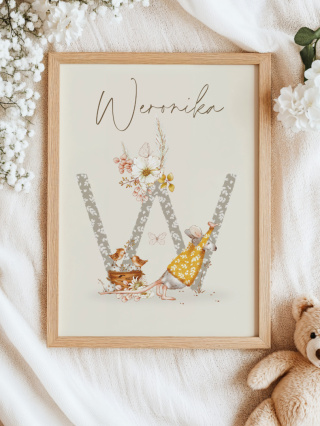 Zwierzątka w stylu Boho z literką W i imieniem dziecka