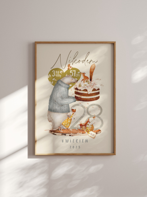 Metryczka Leśne zwierzątka, plakat w stylu Boho