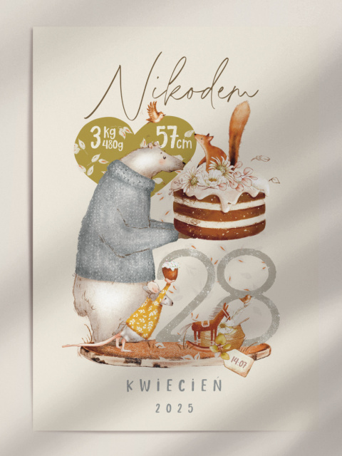 Metryczka Leśne zwierzątka, plakat w stylu Boho