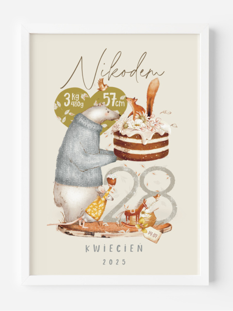 Metryczka Leśne zwierzątka, plakat w stylu Boho